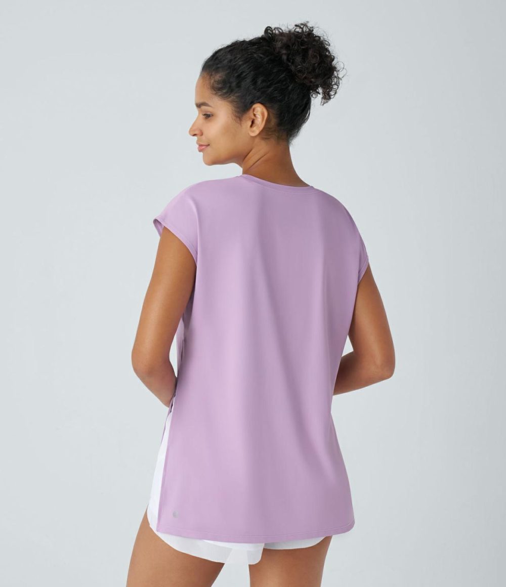 Short Sleeve Split High Low Running Sports Top  | Womens  Sports Tops Clothing Plum Pink Purple/White