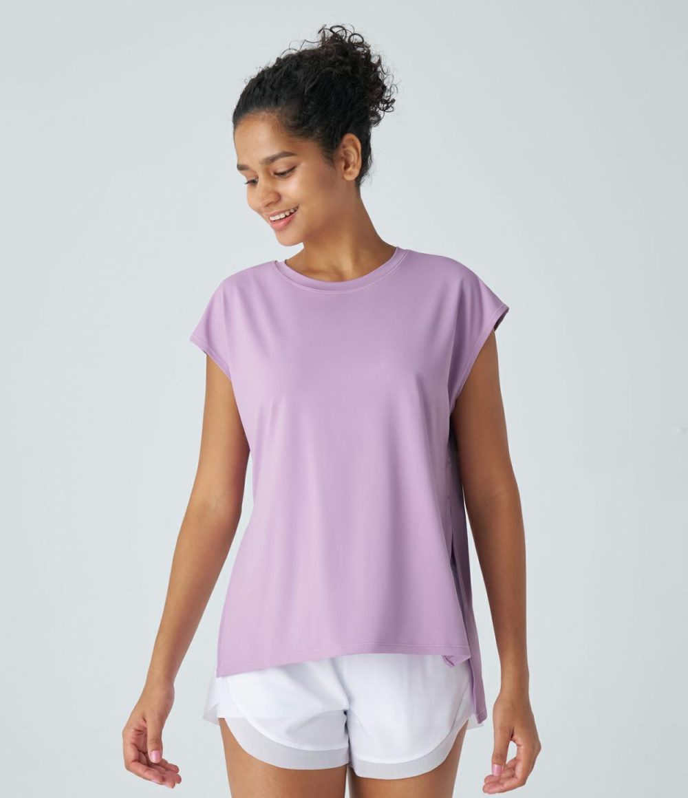 Short Sleeve Split High Low Running Sports Top  | Womens  Sports Tops Clothing Plum Pink Purple/White