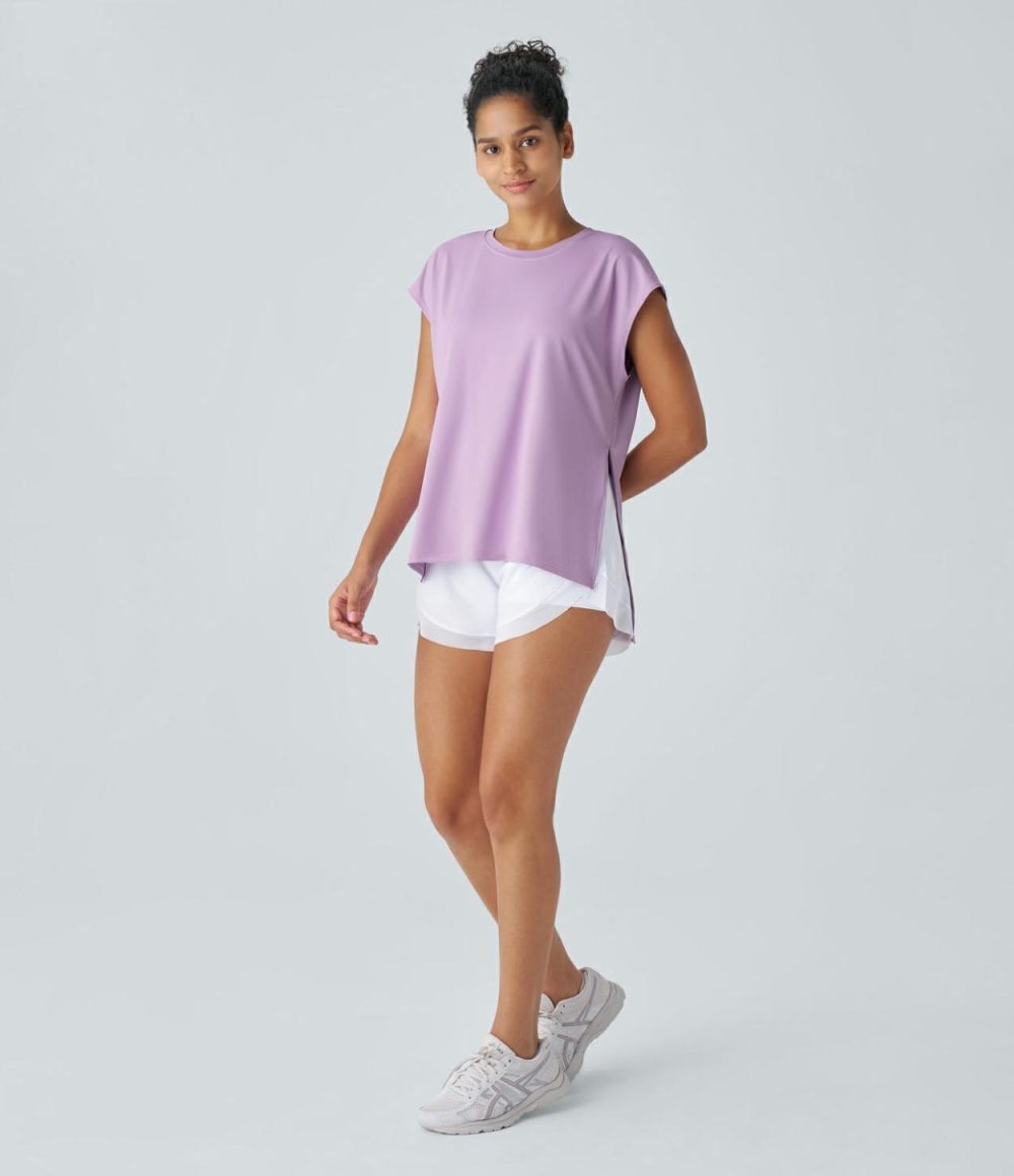 Short Sleeve Split High Low Running Sports Top  | Womens  Sports Tops Clothing Plum Pink Purple/White