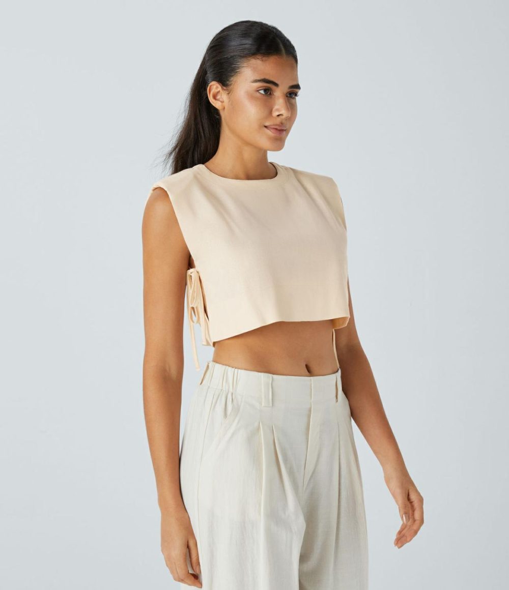 Shoulder Pads Keyhole Back Tie Side Cropped Linen-Blend Resort Vest  | Womens  Cropped Tops Clothing Cropped Tops