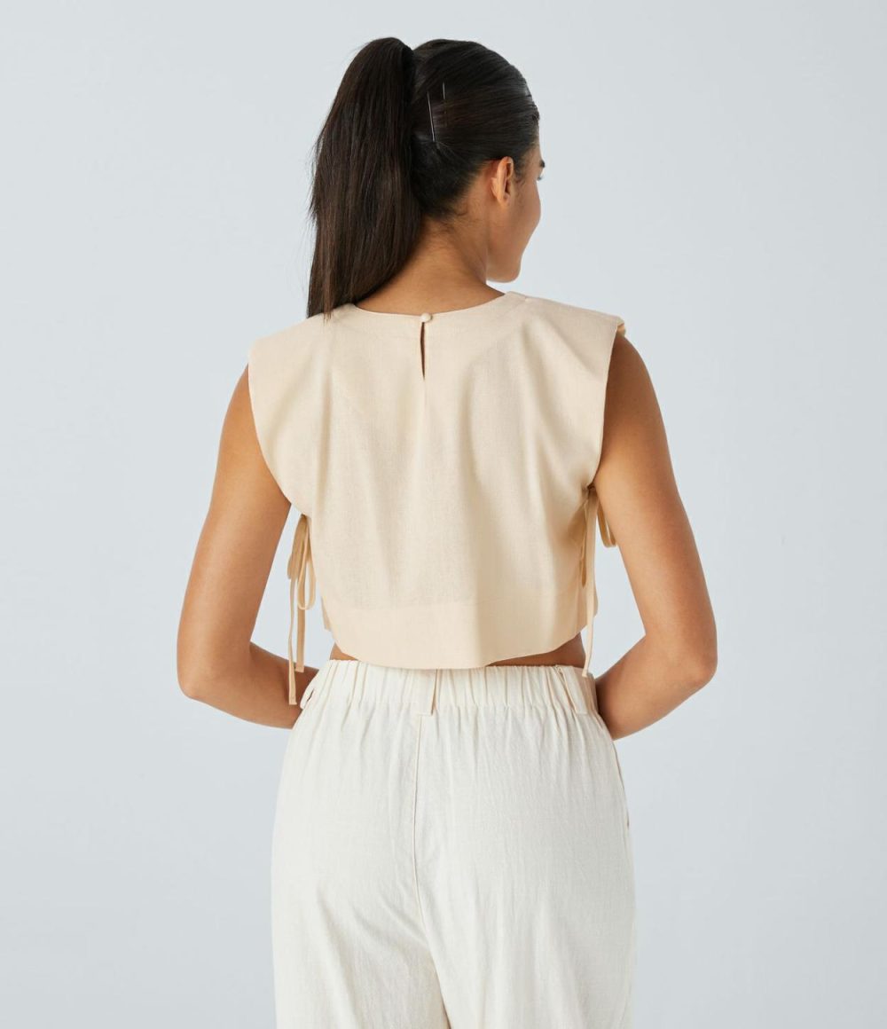 Shoulder Pads Keyhole Back Tie Side Cropped Linen-Blend Resort Vest  | Womens  Cropped Tops Clothing Cropped Tops