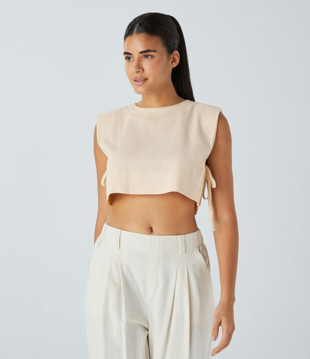 Shoulder Pads Keyhole Back Tie Side Cropped Linen-Blend Resort Vest  | Womens  Cropped Tops Clothing Cropped Tops