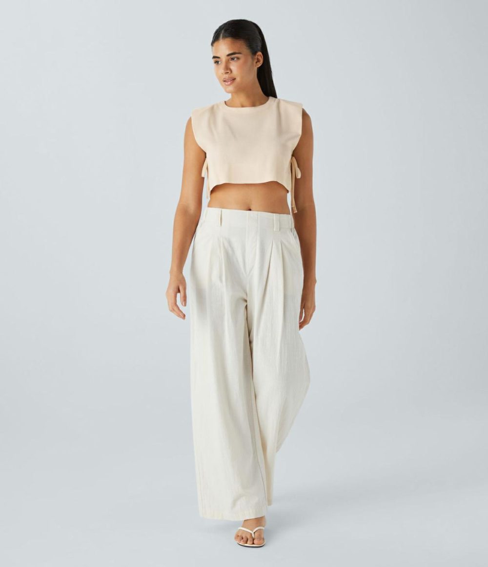 Shoulder Pads Keyhole Back Tie Side Cropped Linen-Blend Resort Vest  | Womens  Cropped Tops Clothing Cropped Tops