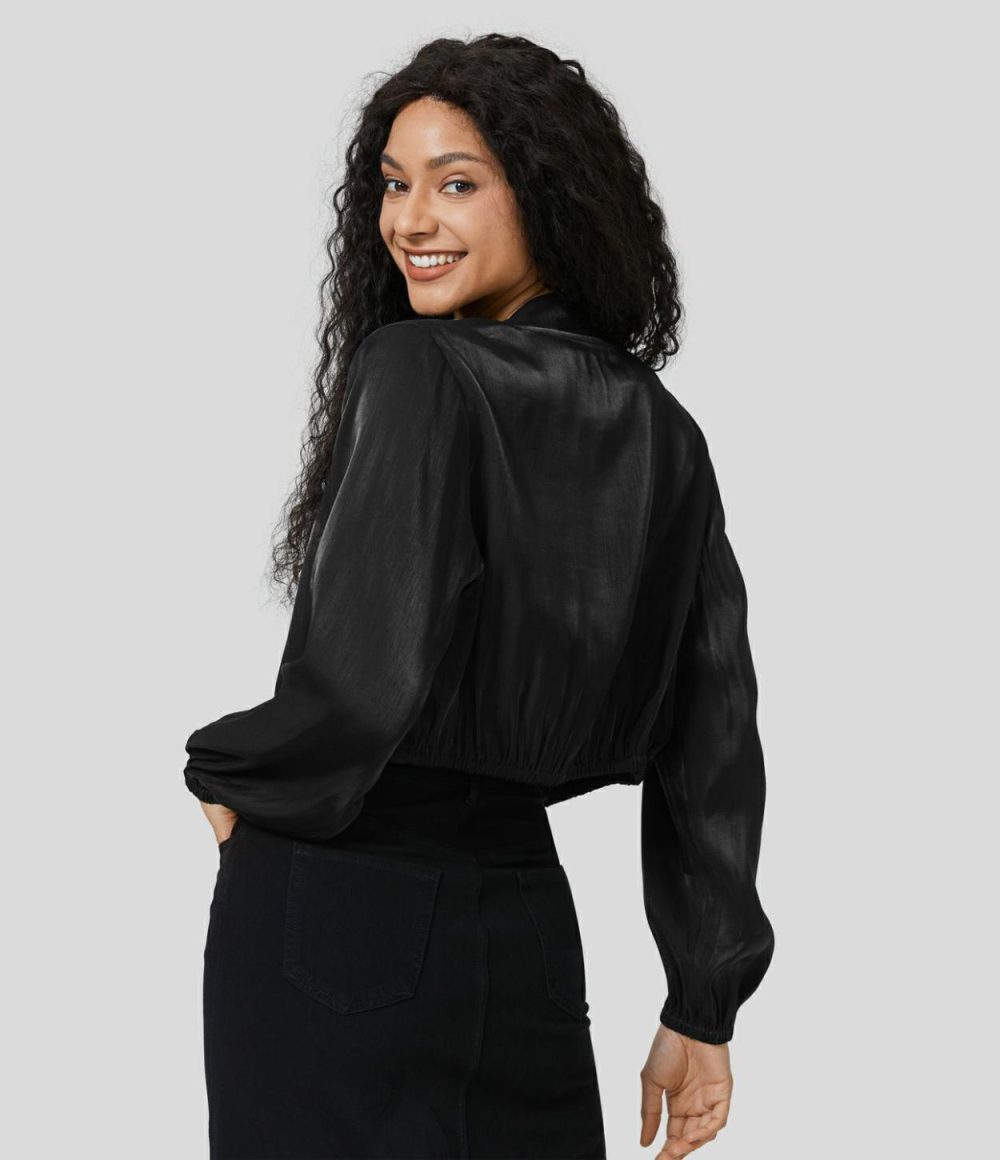 Side Pocket Zipper Shine Casual Bomber Jacket  | Womens  Long Sleeve Tops Clothing Long Sleeve Tops