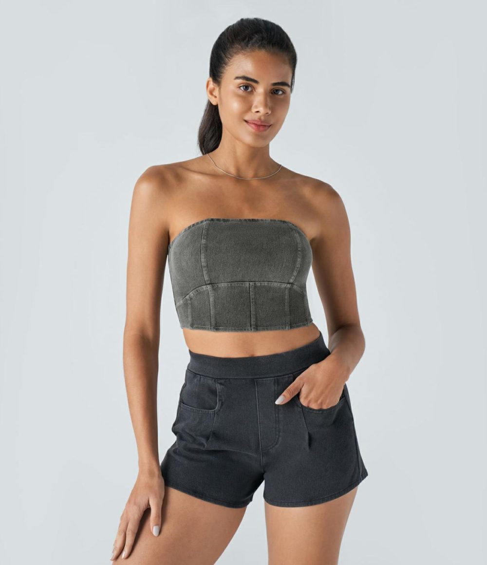 Skinny Washed Stretchy Knit Denim Casual Tube Top  | Womens  Denim Shorts Clothing Denim Shorts