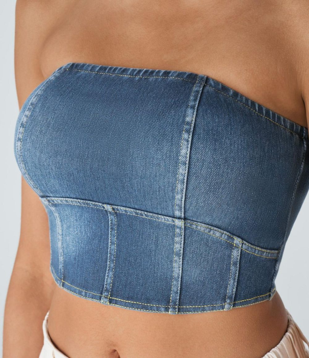 Skinny Washed Stretchy Knit Denim Casual Tube Top  | Womens  Denim Shorts Clothing Denim Shorts