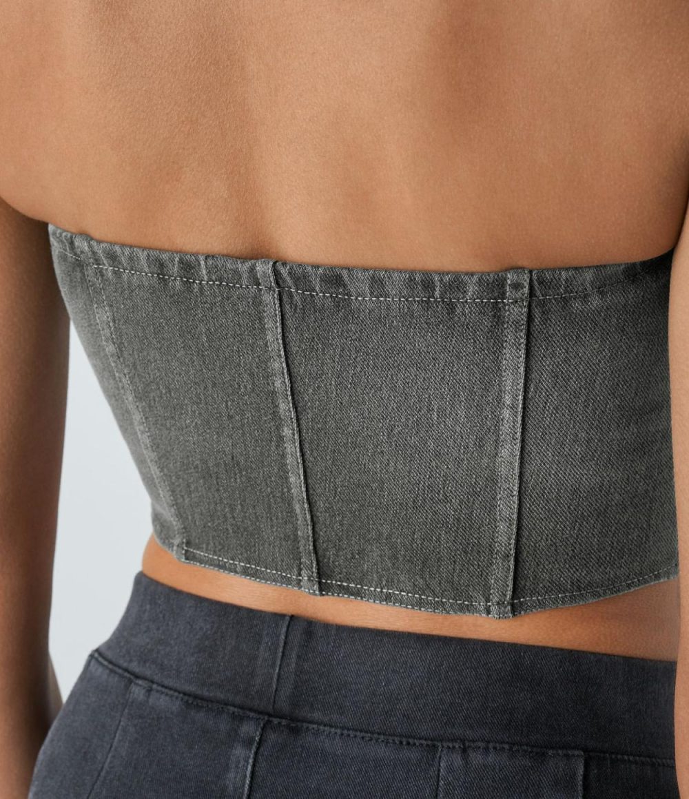 Skinny Washed Stretchy Knit Denim Casual Tube Top  | Womens  Denim Shorts Clothing Denim Shorts