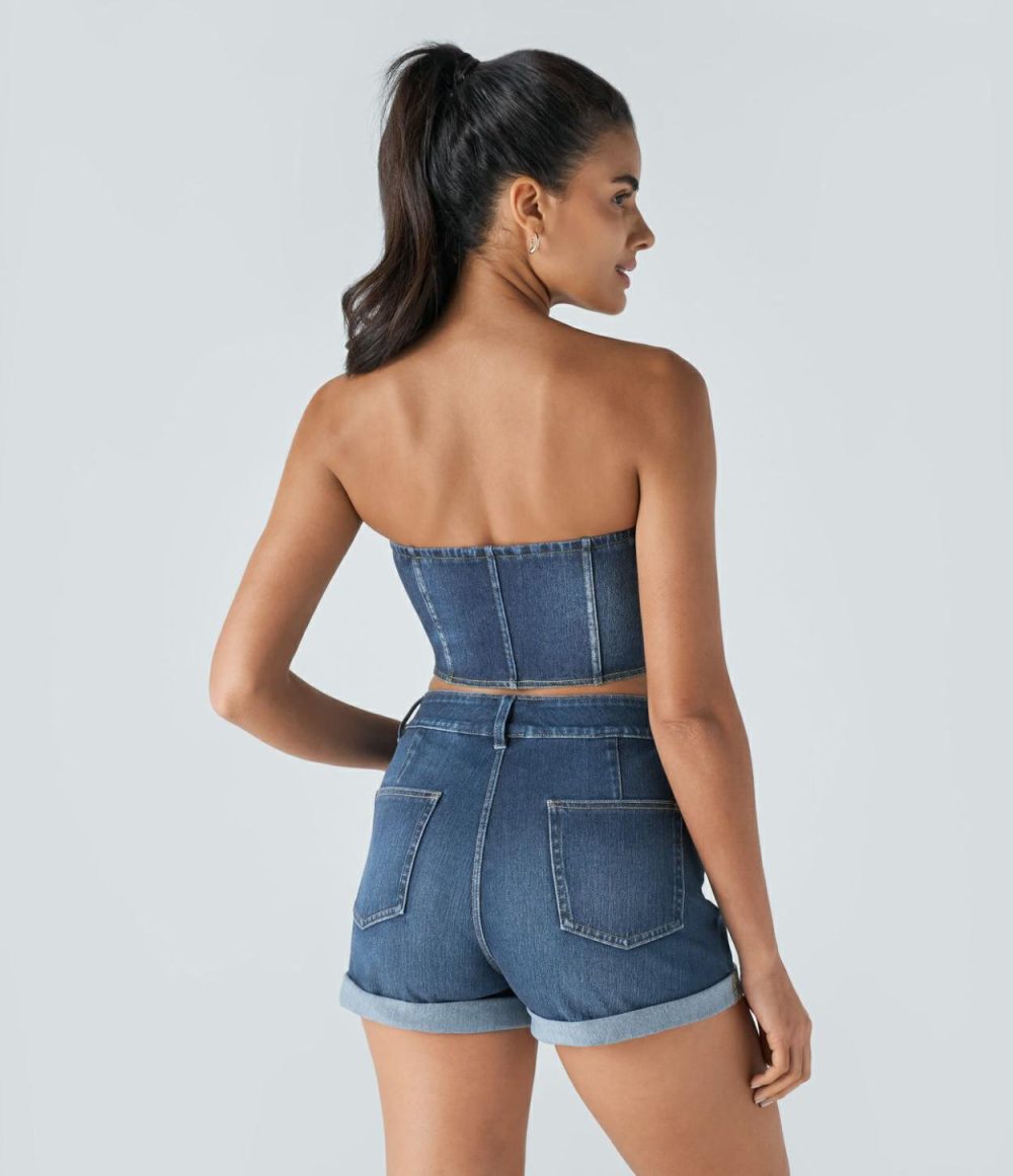 Skinny Washed Stretchy Knit Denim Casual Tube Top  | Womens  Denim Shorts Clothing Denim Shorts