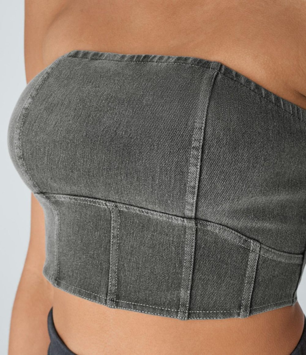 Skinny Washed Stretchy Knit Denim Casual Tube Top  | Womens  Denim Shorts Clothing Denim Shorts