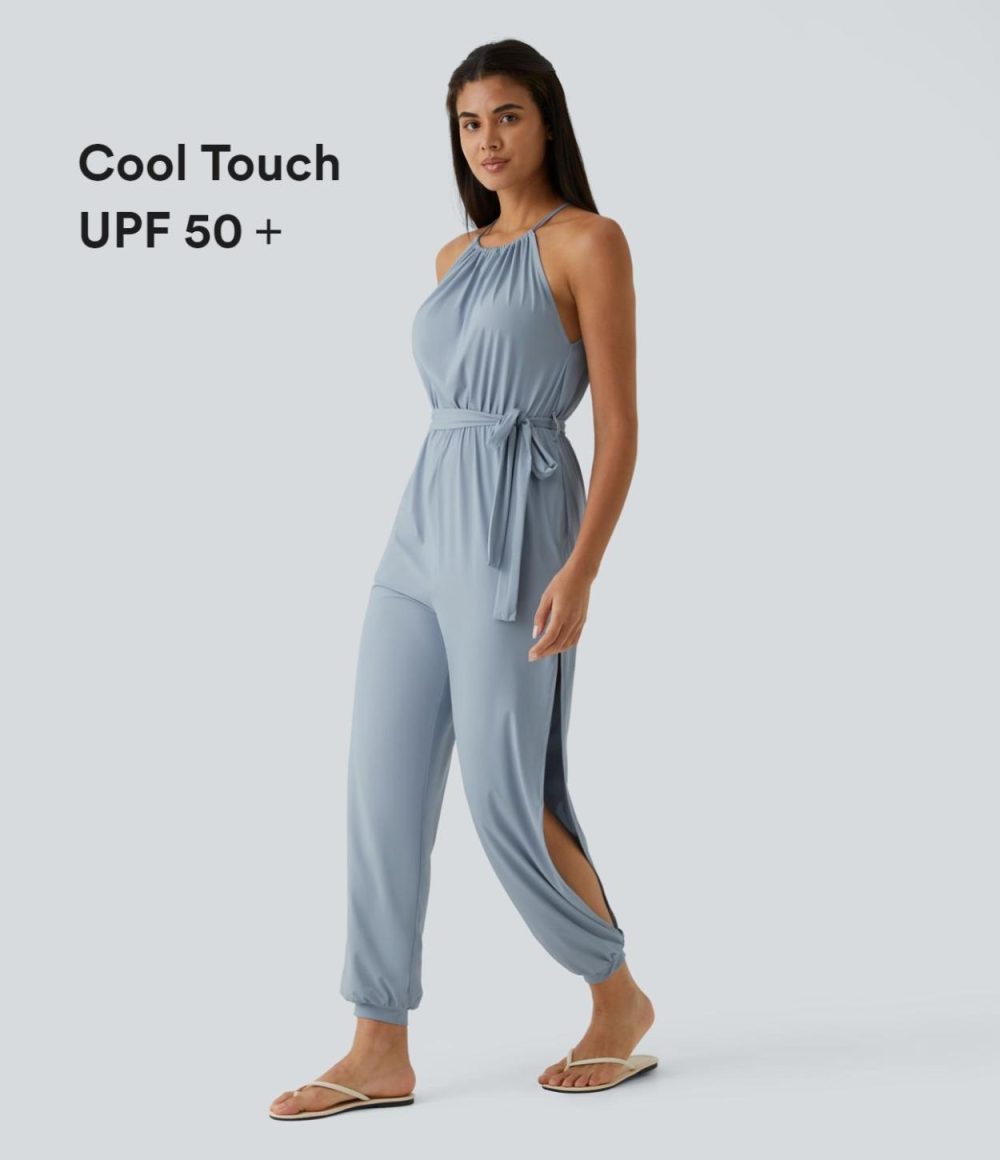 Sleeveless Tie Back Plicated Belted Side Pocket Cut Out Cool Touch Resort Jumpsuit-UPF50+  | Womens  Dressey Jumpsuits Clothing Blue Fog/Black/Storm Gray/Blueberry/Misty Lilac/Azurite Green/June Bug/Peach Beige/Illusionary Midnight Blue