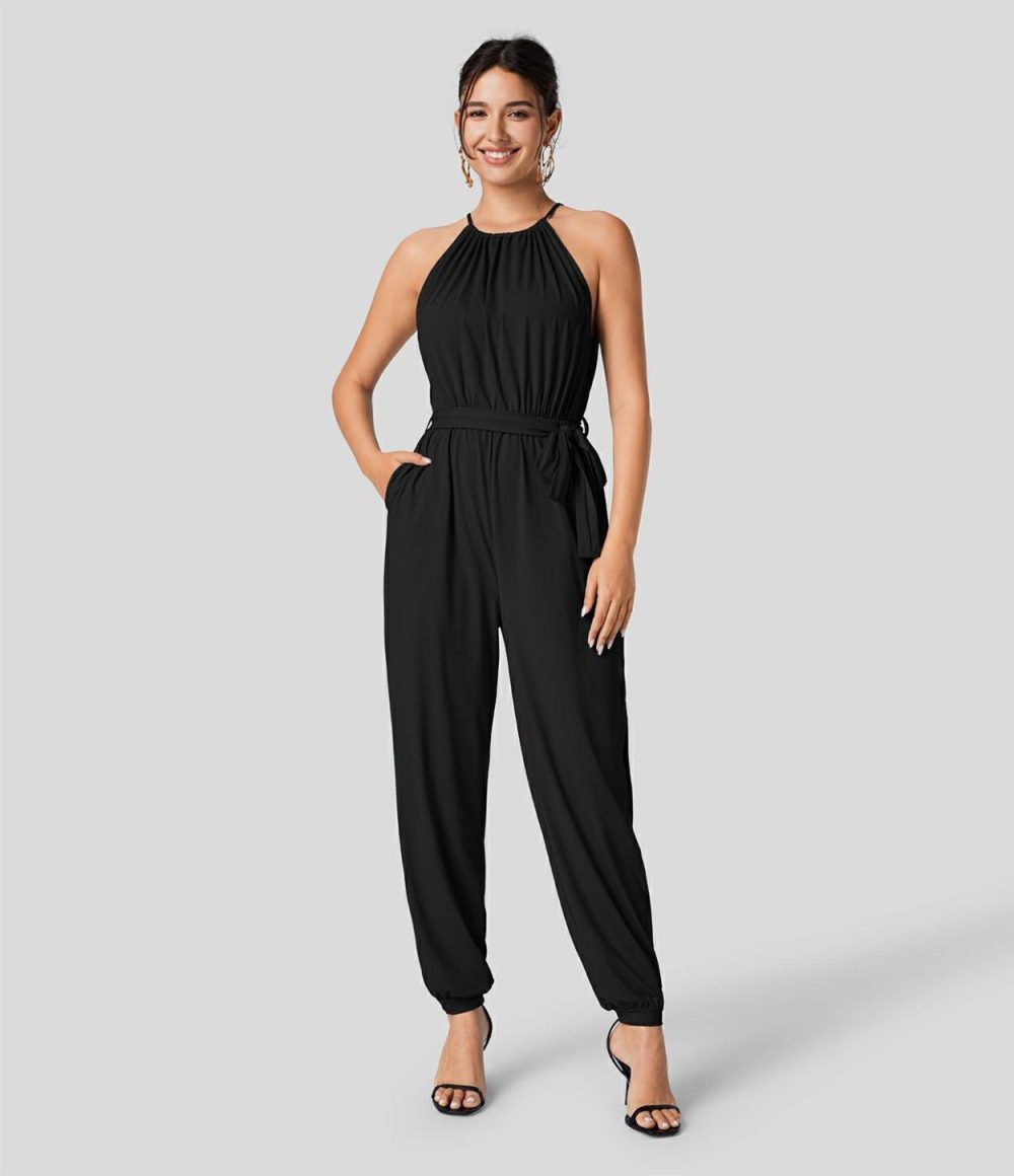 Sleeveless Tie Back Plicated Belted Side Pocket Cut Out Cool Touch Resort Jumpsuit-UPF50+  | Womens  Dressey Jumpsuits Clothing Blue Fog/Black/Storm Gray/Blueberry/Misty Lilac/Azurite Green/June Bug/Peach Beige/Illusionary Midnight Blue