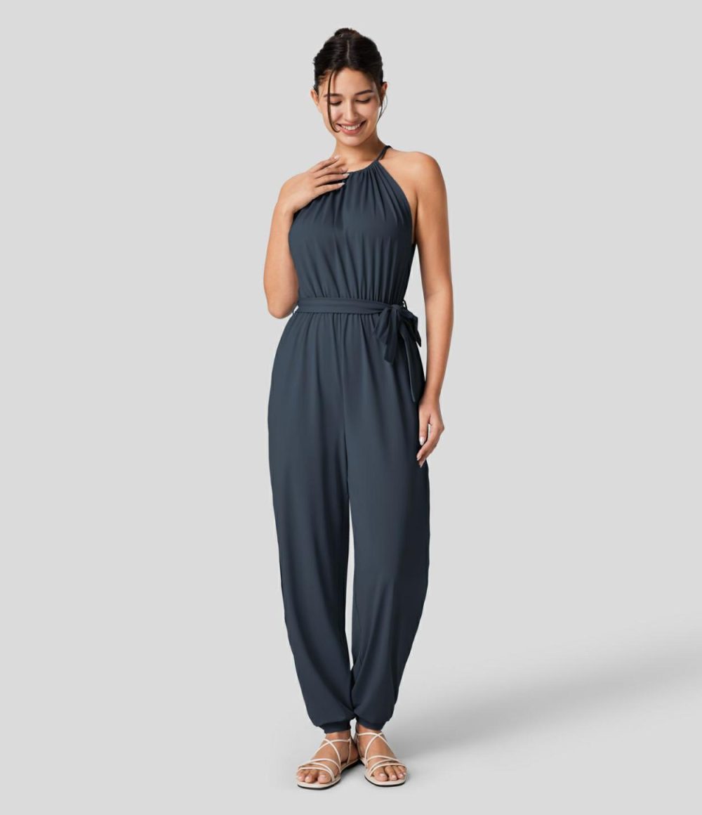 Sleeveless Tie Back Plicated Belted Side Pocket Cut Out Cool Touch Resort Jumpsuit-UPF50+  | Womens  Dressey Jumpsuits Clothing Blue Fog/Black/Storm Gray/Blueberry/Misty Lilac/Azurite Green/June Bug/Peach Beige/Illusionary Midnight Blue