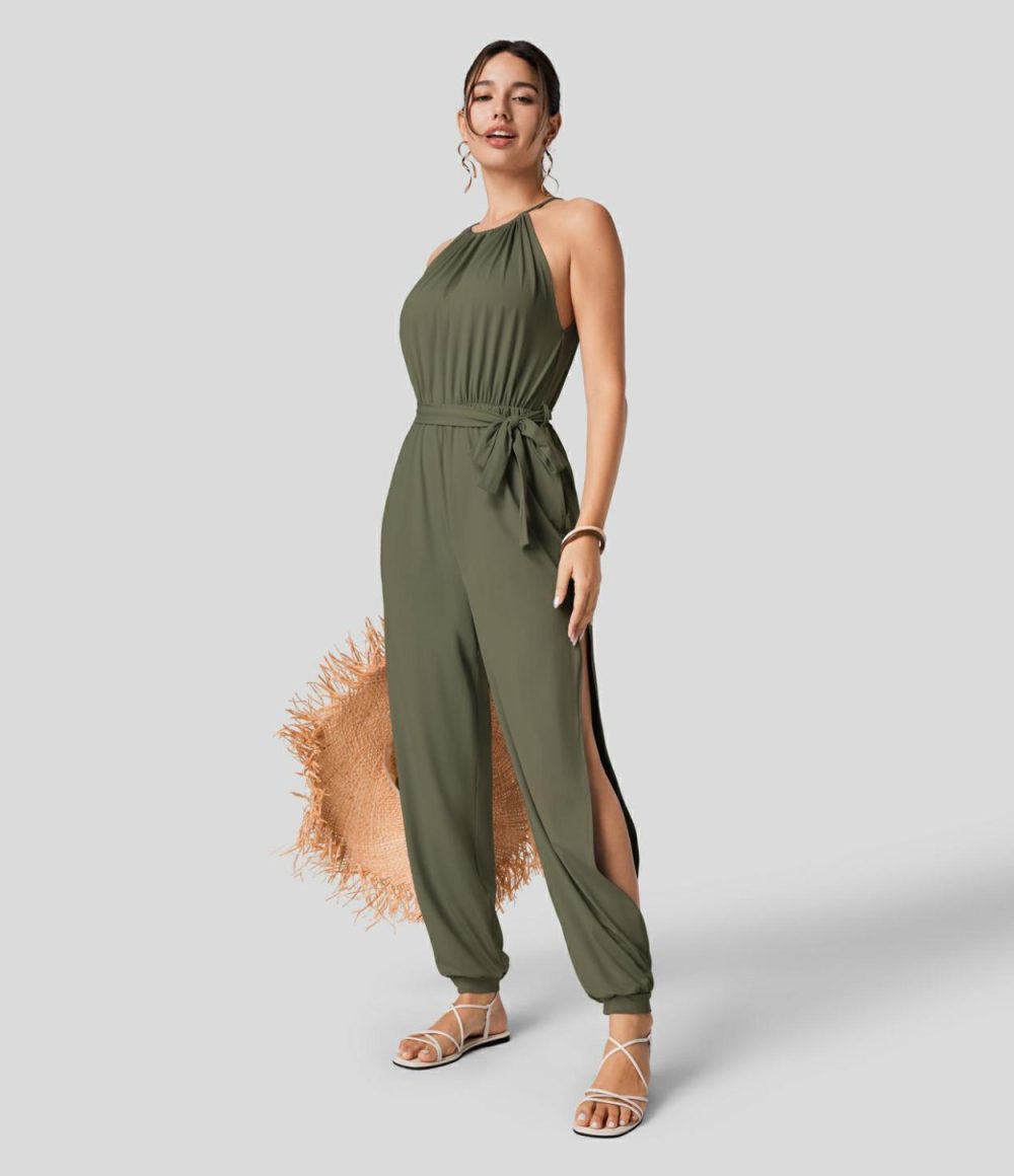 Sleeveless Tie Back Plicated Belted Side Pocket Cut Out Cool Touch Resort Jumpsuit-UPF50+  | Womens  Dressey Jumpsuits Clothing Blue Fog/Black/Storm Gray/Blueberry/Misty Lilac/Azurite Green/June Bug/Peach Beige/Illusionary Midnight Blue