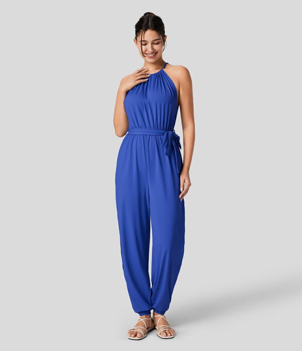 Sleeveless Tie Back Plicated Belted Side Pocket Cut Out Cool Touch Resort Jumpsuit-UPF50+  | Womens  Dressey Jumpsuits Clothing Blue Fog/Black/Storm Gray/Blueberry/Misty Lilac/Azurite Green/June Bug/Peach Beige/Illusionary Midnight Blue