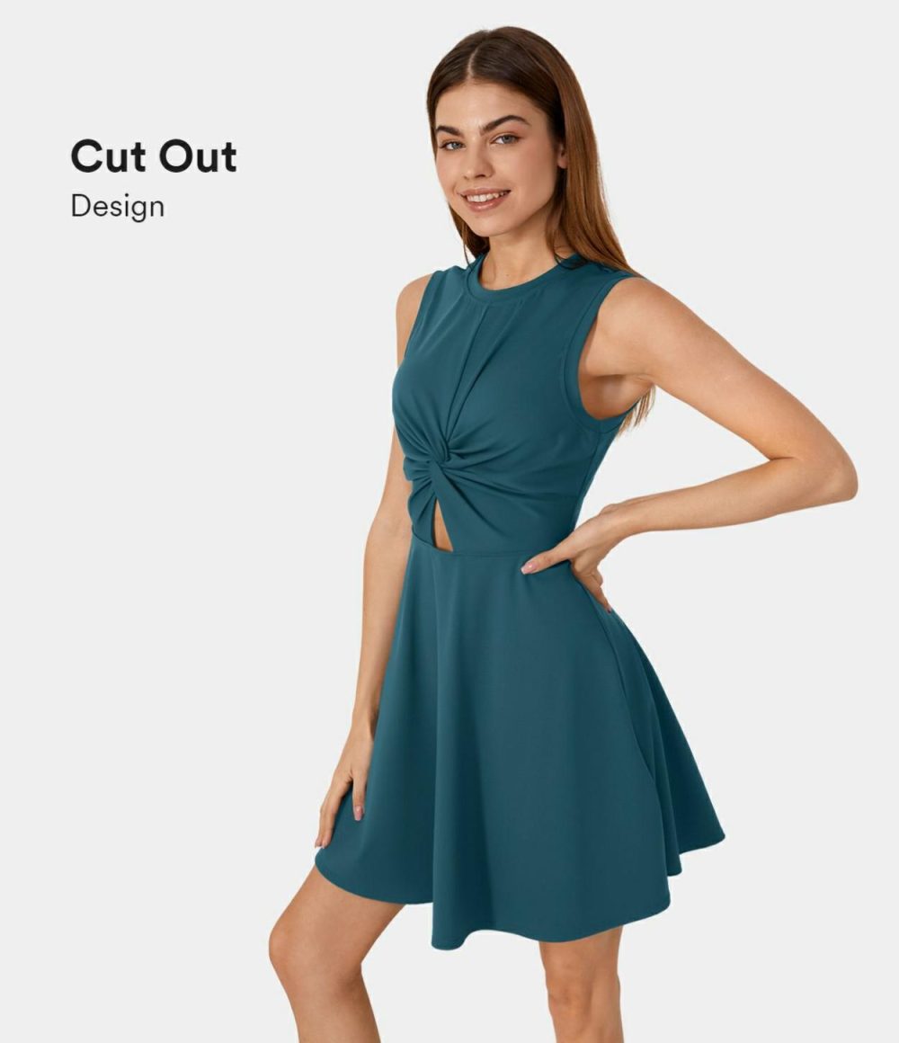 Sleeveless Twisted Cut Out 2-Piece Side Pocket Flare Casual Dress  | Womens  Active Dresses Active Dresses Active Dresses