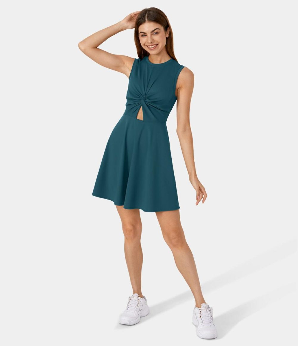 Sleeveless Twisted Cut Out 2-Piece Side Pocket Flare Casual Dress  | Womens  Active Dresses Active Dresses Active Dresses