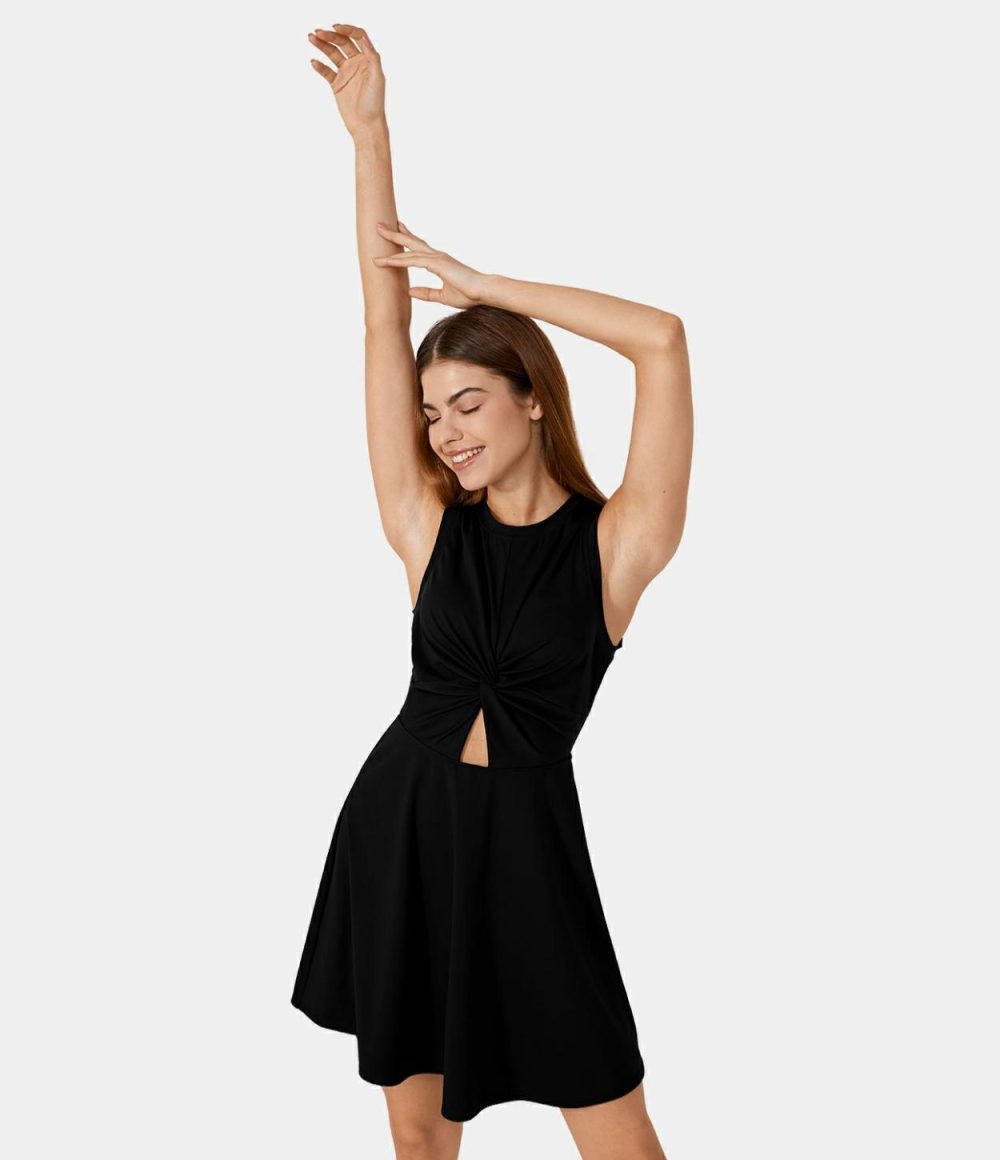 Sleeveless Twisted Cut Out 2-Piece Side Pocket Flare Casual Dress  | Womens  Active Dresses Active Dresses Active Dresses