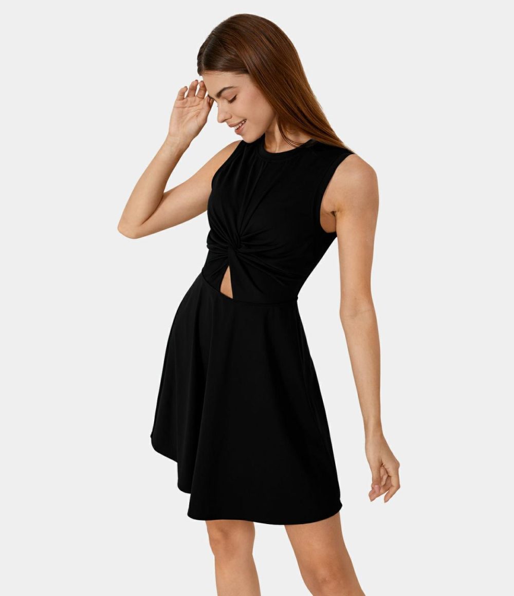 Sleeveless Twisted Cut Out 2-Piece Side Pocket Flare Casual Dress  | Womens  Active Dresses Active Dresses Active Dresses