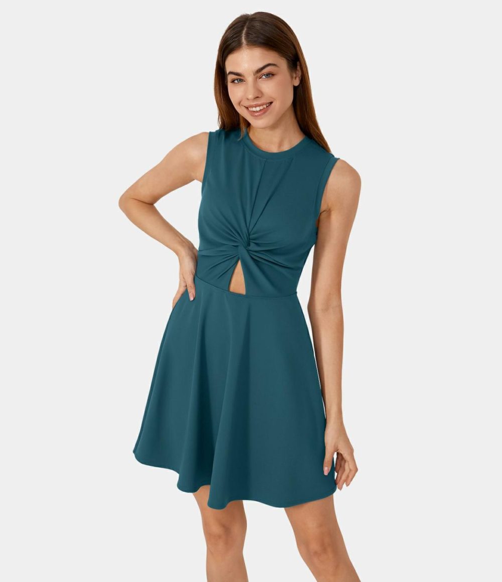 Sleeveless Twisted Cut Out 2-Piece Side Pocket Flare Casual Dress  | Womens  Active Dresses Active Dresses Active Dresses