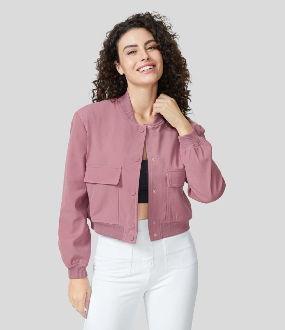 Snap Button Side Pocket Solid Casual Bomber Jacket  | Womens  Long Sleeve Tops Clothing Long Sleeve Tops