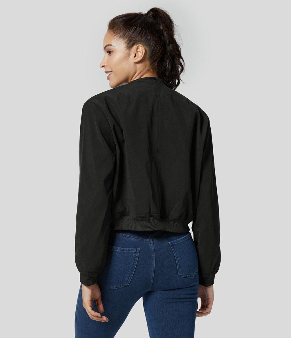 Snap Button Side Pocket Solid Casual Bomber Jacket  | Womens  Long Sleeve Tops Clothing Long Sleeve Tops