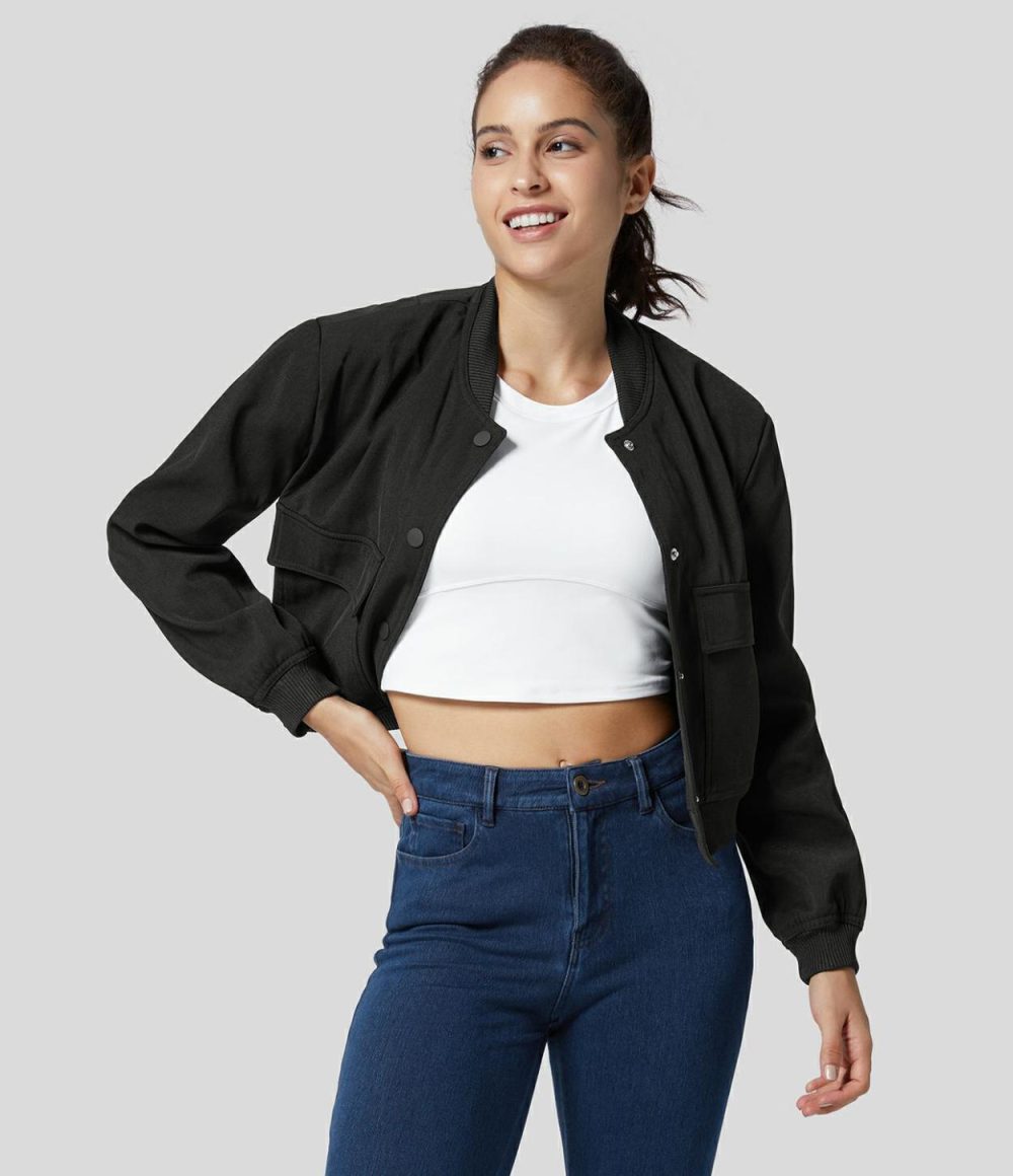 Snap Button Side Pocket Solid Casual Bomber Jacket  | Womens  Long Sleeve Tops Clothing Long Sleeve Tops