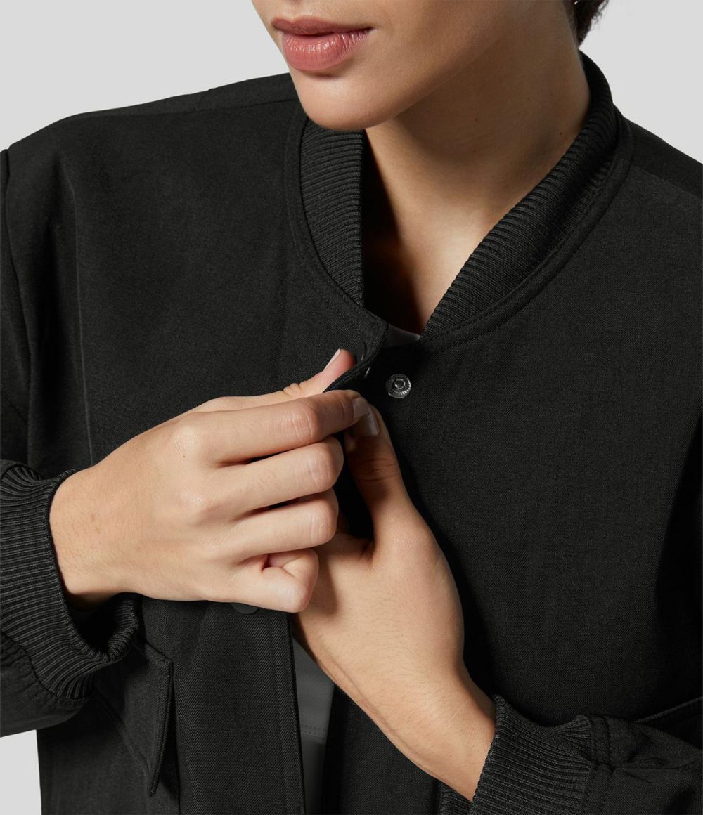 Snap Button Side Pocket Solid Casual Bomber Jacket  | Womens  Long Sleeve Tops Clothing Long Sleeve Tops