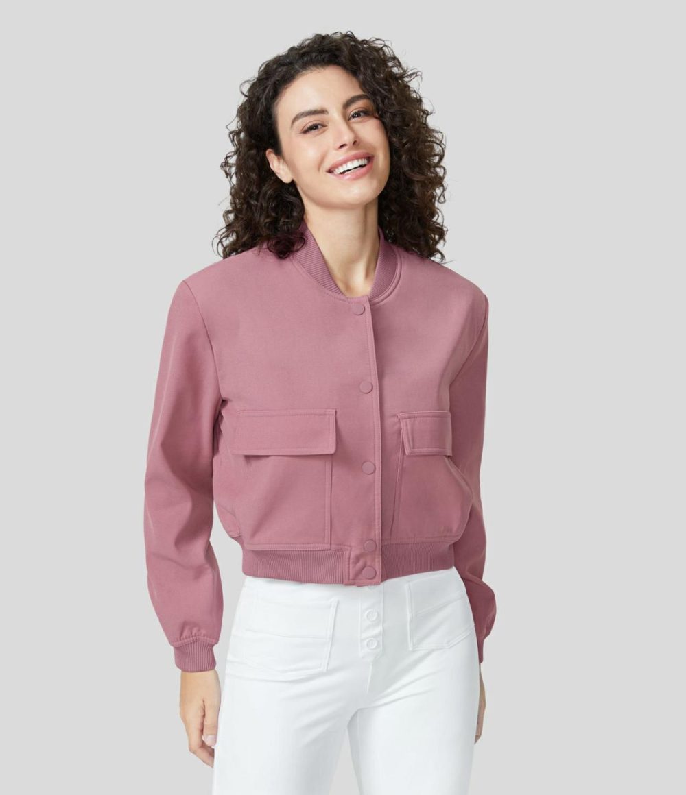 Snap Button Side Pocket Solid Casual Bomber Jacket  | Womens  Long Sleeve Tops Clothing Long Sleeve Tops