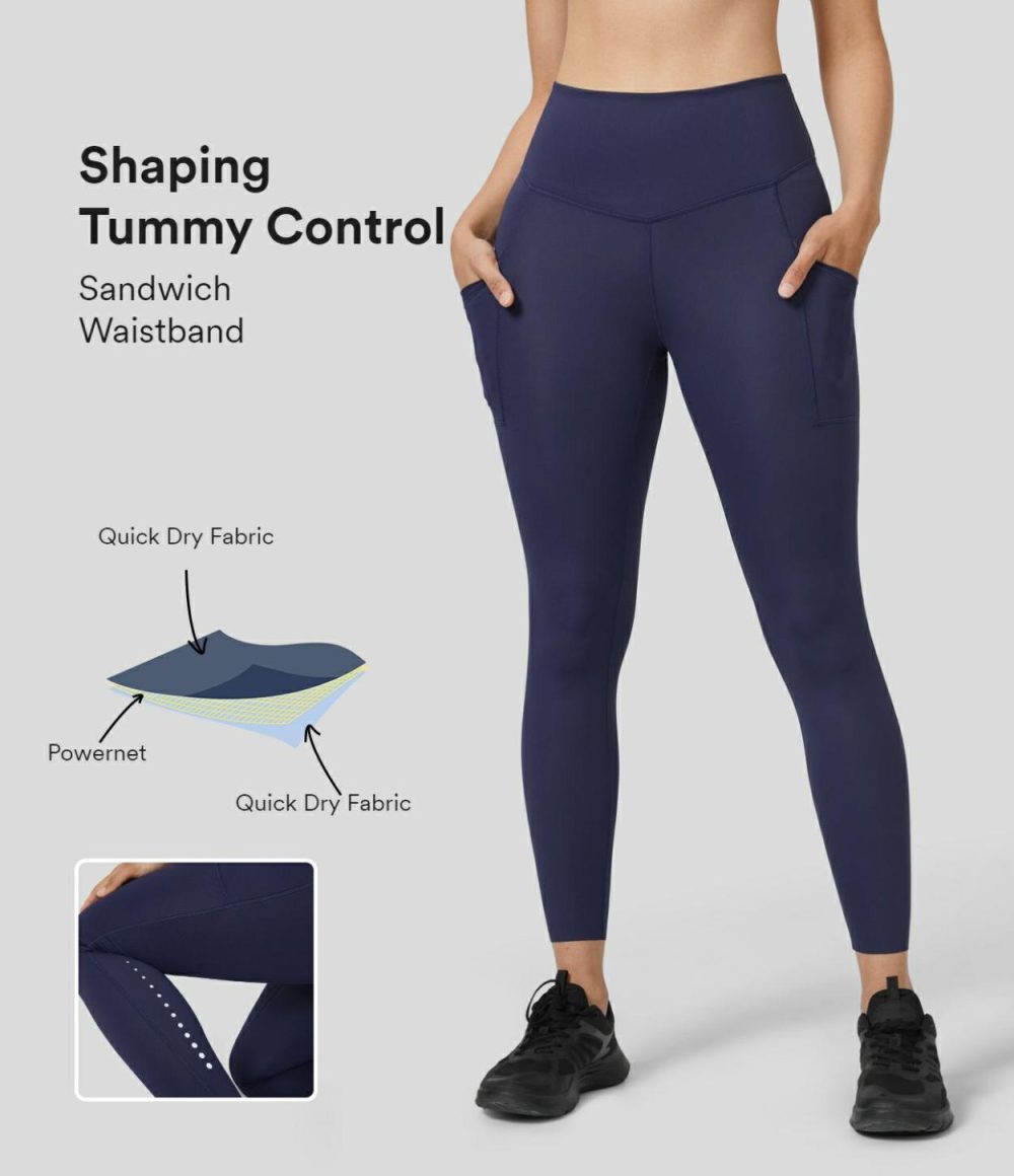 SoCinched Reflective High Waisted Tummy Control Side Pocket Quick Dry 7/8 Running Joggers  | Womens  Pocket Leggings Clothing Dawn Purple/Black