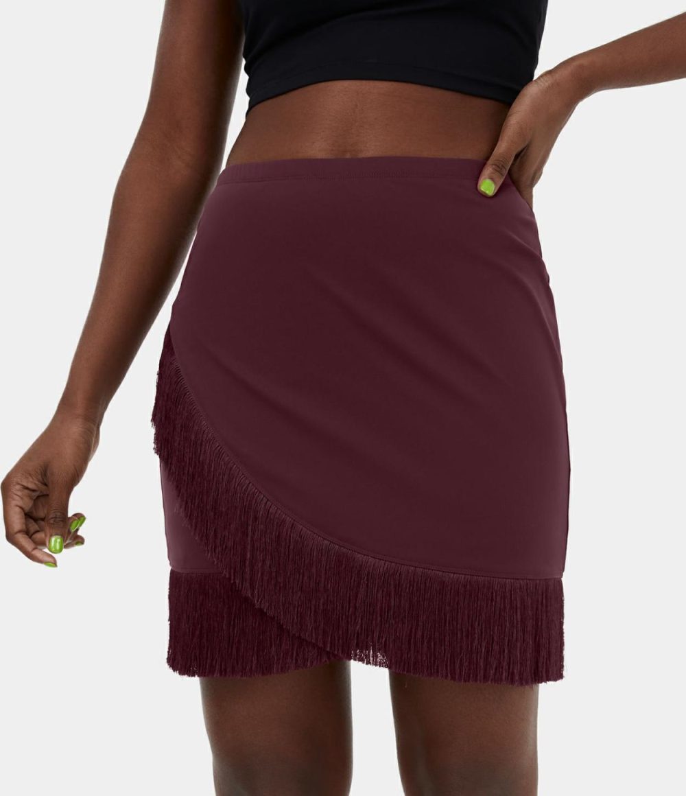 Softlyzero™ Airy Asymmetric Crossover Fringe Hem Bodycon 2-in-1 Mini Cool Touch Dance Skirt-UPF50+  | Womens  Mini Skirts Clothing Berry Red