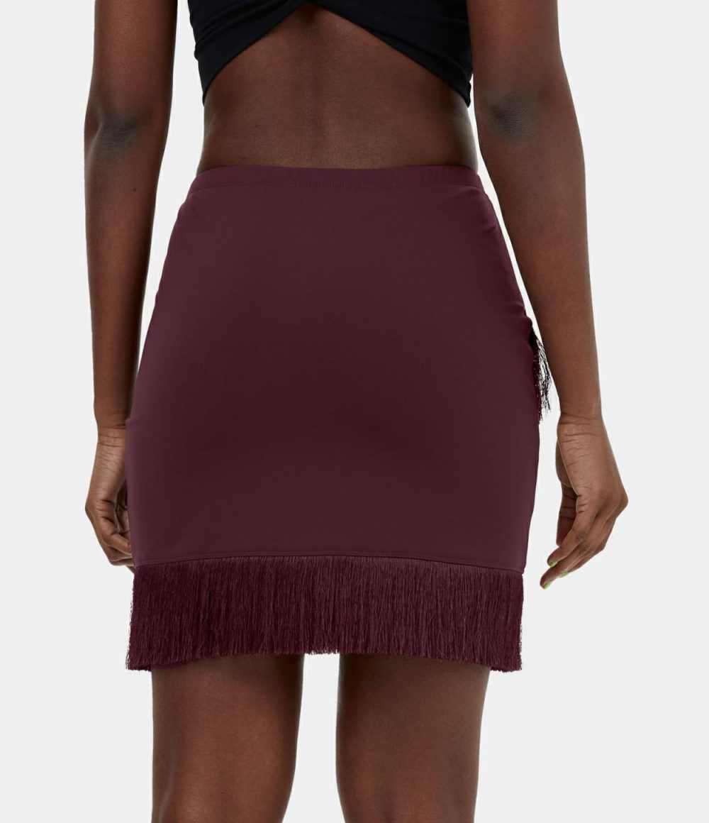 Softlyzero™ Airy Asymmetric Crossover Fringe Hem Bodycon 2-in-1 Mini Cool Touch Dance Skirt-UPF50+  | Womens  Mini Skirts Clothing Berry Red