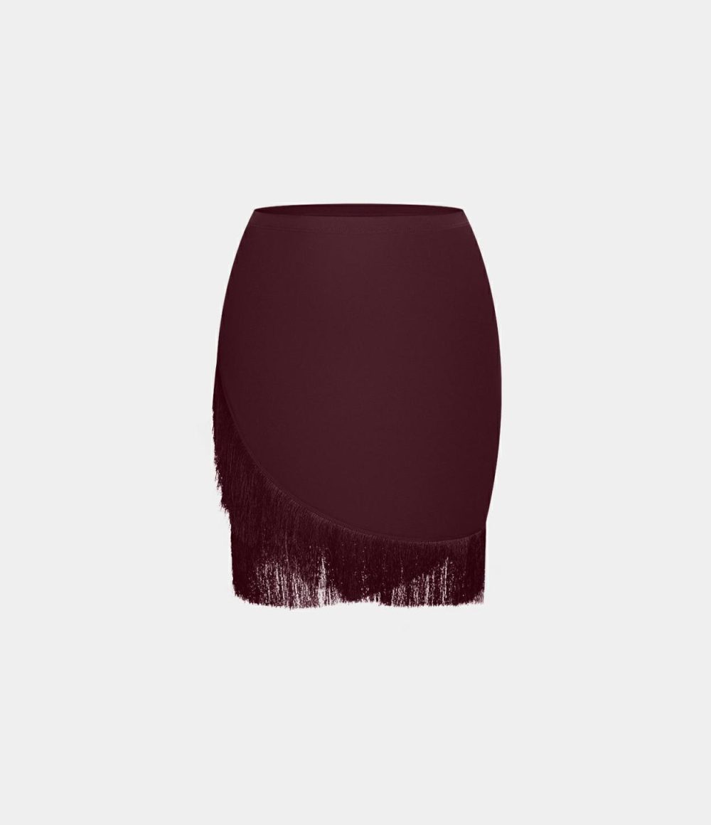 Softlyzero™ Airy Asymmetric Crossover Fringe Hem Bodycon 2-in-1 Mini Cool Touch Dance Skirt-UPF50+  | Womens  Mini Skirts Clothing Berry Red