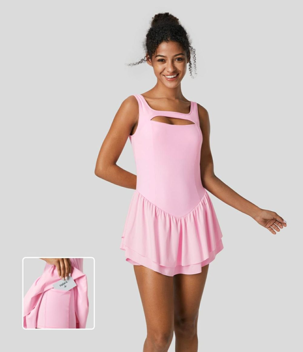 Softlyzero™ Airy Backless 2-in-1 Pocket Layered Ruffle Cool Touch Micro Mini Yoga Active Dress-UPF50+  | Womens  Active Dresses Active Dresses Active Dresses