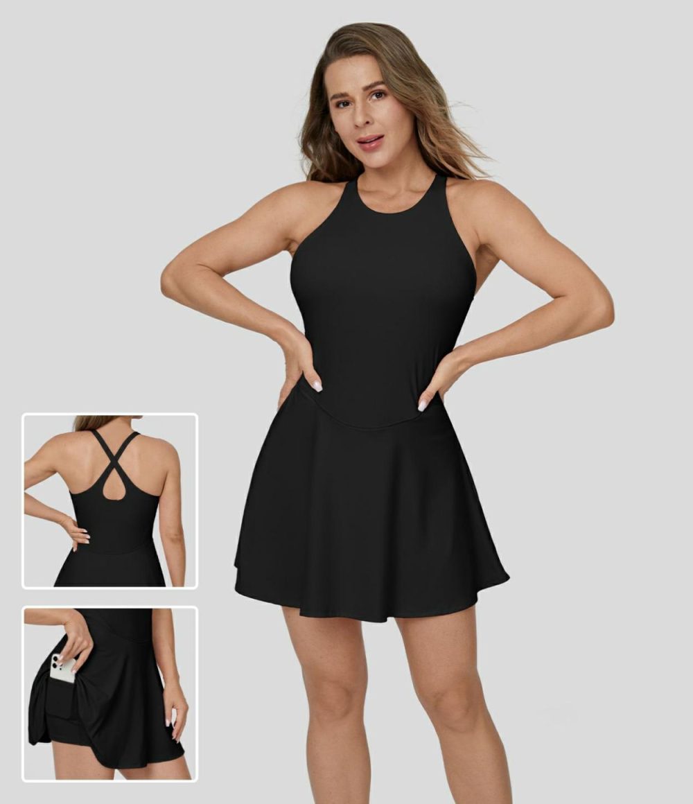 Softlyzero™ Airy Backless Crisscross 2-in-1 Side Pocket Cool Touch Mini Flare Casual Dress-UPF50+  | Womens  Active Dresses Active Dresses Active Dresses