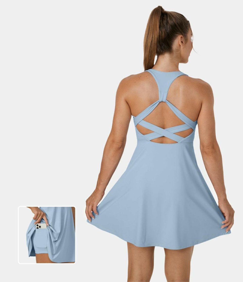 Softlyzero™ Airy Backless Crisscross 2-Piece Pocket Flare Cool Touch Tennis Active Dress-UPF50+  | Womens  Active Dresses Active Dresses Active Dresses