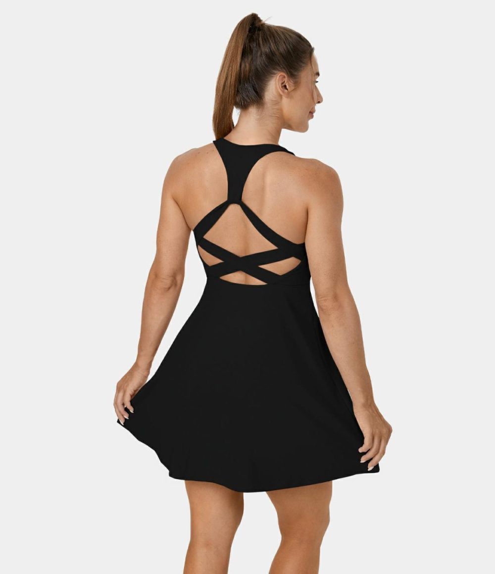 Softlyzero™ Airy Backless Crisscross 2-Piece Pocket Flare Cool Touch Tennis Active Dress-UPF50+  | Womens  Active Dresses Active Dresses Active Dresses