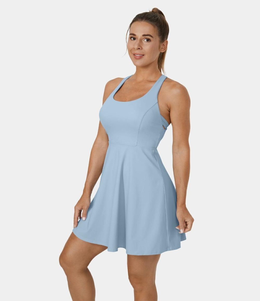 Softlyzero™ Airy Backless Crisscross 2-Piece Pocket Flare Cool Touch Tennis Active Dress-UPF50+  | Womens  Active Dresses Active Dresses Active Dresses