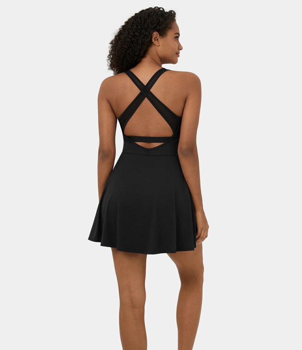 Softlyzero™ Airy Backless Crisscross Contrast Mesh 2-in-1 Pocket Mini Cool Touch Tennis Active Dress-UPF50+  | Womens  Active Dresses Active Dresses Active Dresses