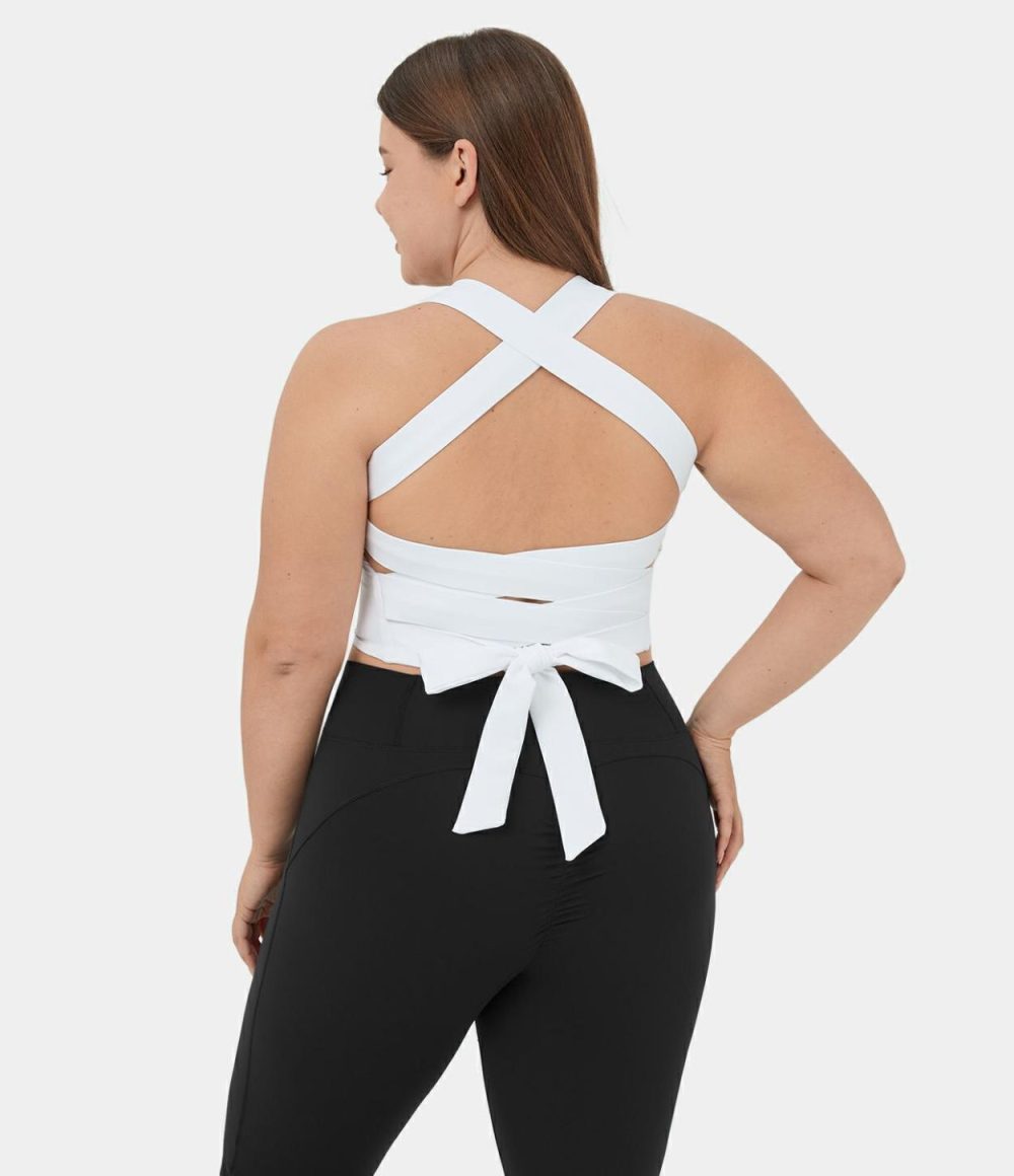 Softlyzero™ Airy Backless Padded Crisscross Tie Back Cropped Plus Size Cool Touch Yoga Sports Top  | Womens  Cropped Tops Clothing Cropped Tops