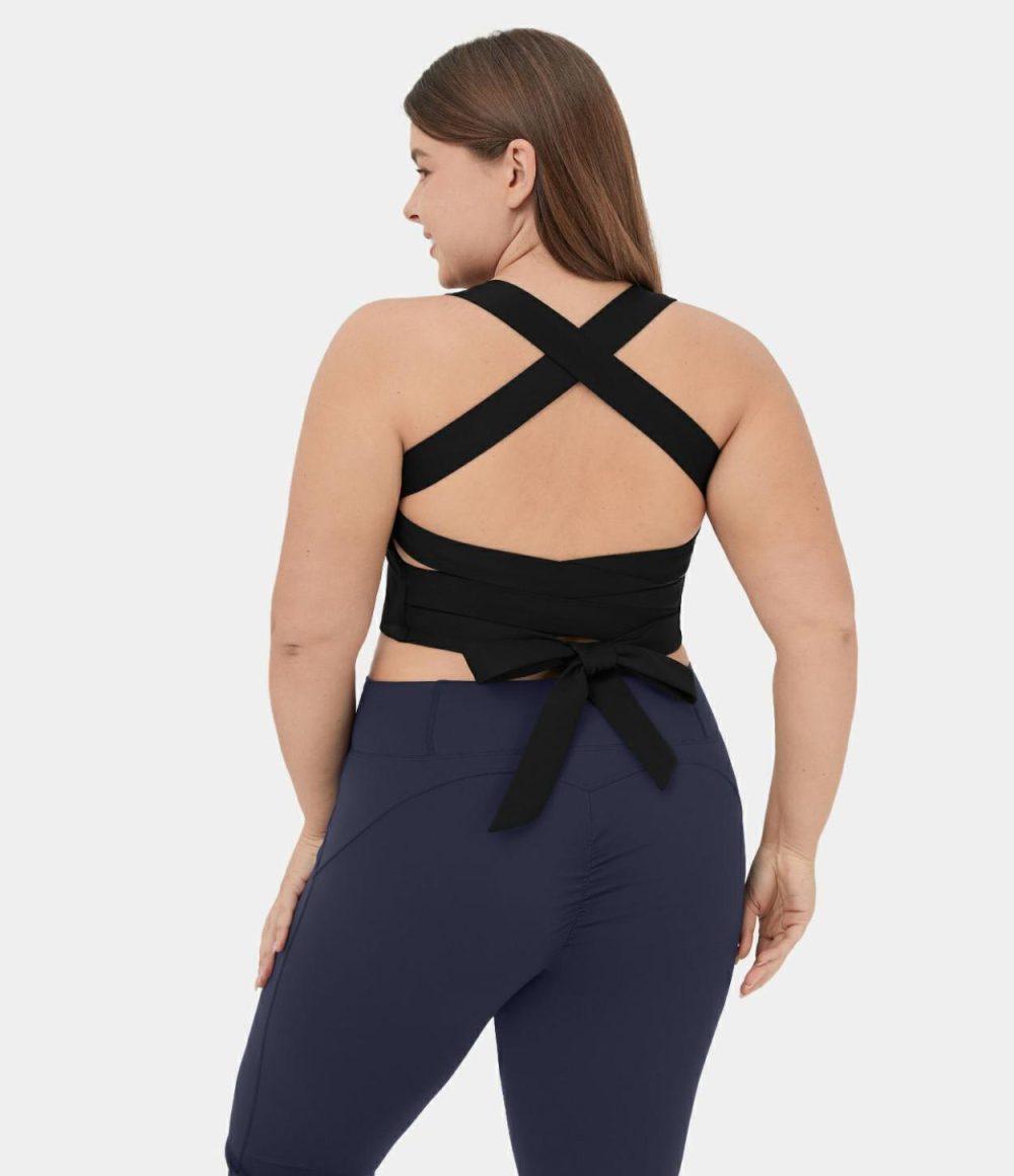 Softlyzero™ Airy Backless Padded Crisscross Tie Back Cropped Plus Size Cool Touch Yoga Sports Top  | Womens  Cropped Tops Clothing Cropped Tops