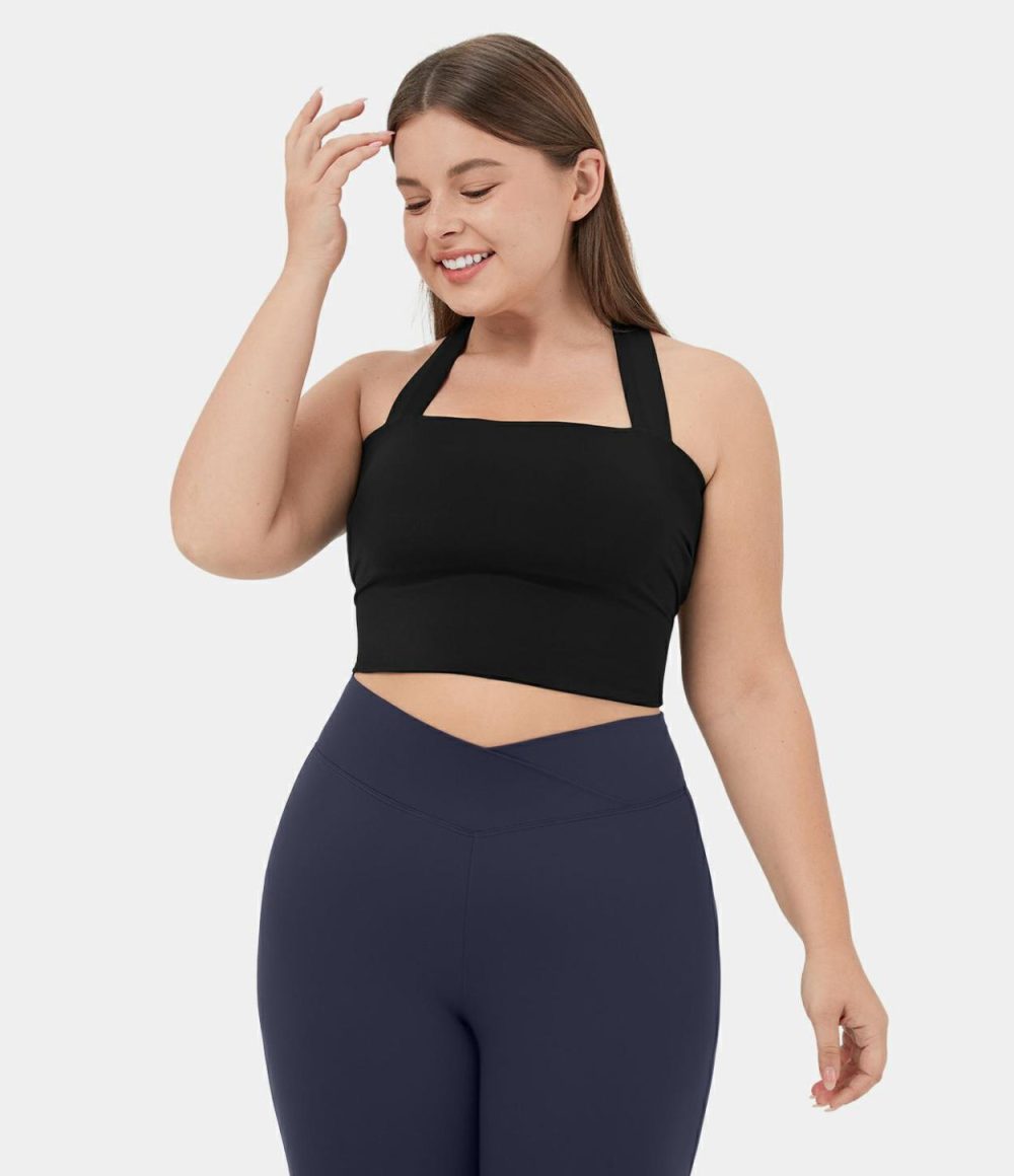 Softlyzero™ Airy Backless Padded Crisscross Tie Back Cropped Plus Size Cool Touch Yoga Sports Top  | Womens  Cropped Tops Clothing Cropped Tops