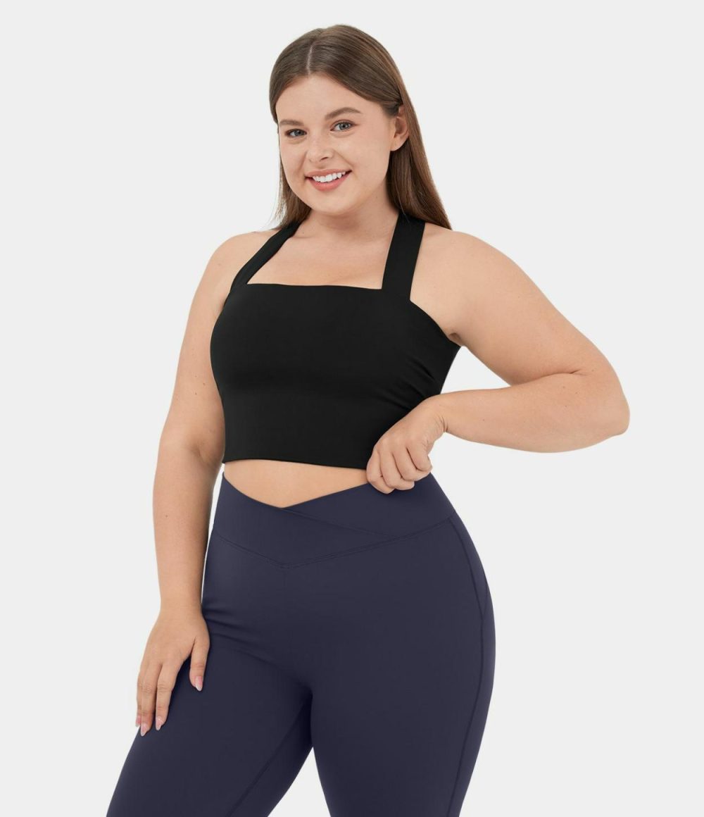 Softlyzero™ Airy Backless Padded Crisscross Tie Back Cropped Plus Size Cool Touch Yoga Sports Top  | Womens  Cropped Tops Clothing Cropped Tops