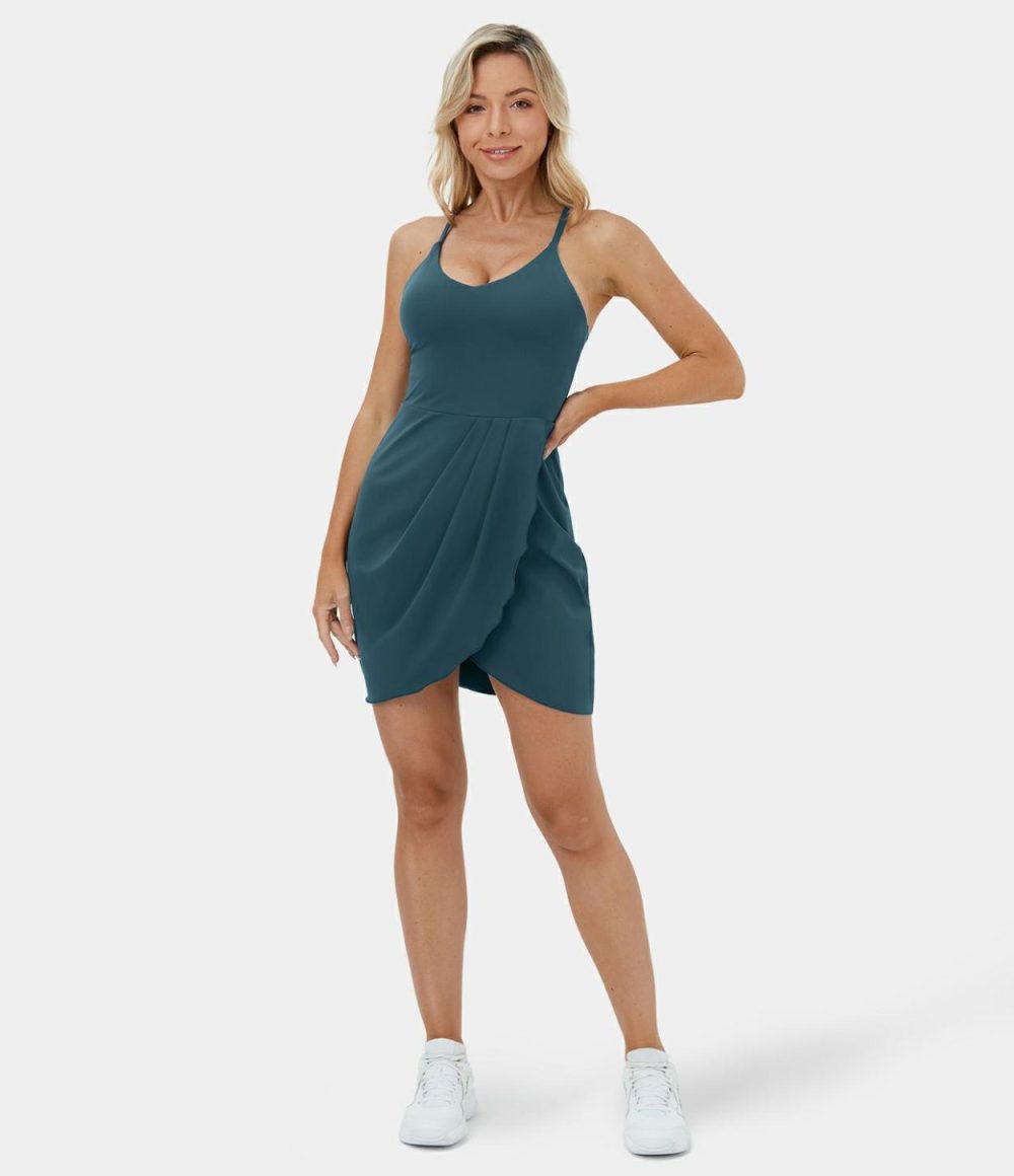 Softlyzero™ Airy Backless Racerback Stacked Crossover Hem Mini Cool Touch Casual Dress-UPF50+  | Womens  Mini Dresses Clothing Ink Green/Black/Chambray Blue