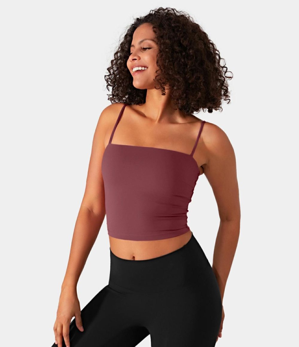 Softlyzero™ Airy Backless Spaghetti Strap Cropped Cool Touch Yoga Tank Top-UPF50+  | Womens  Cropped Tops Clothing Cordovan/Angel Falls/Green Foliage