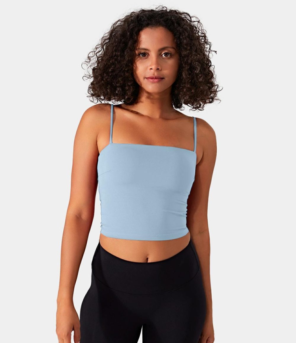 Softlyzero™ Airy Backless Spaghetti Strap Cropped Cool Touch Yoga Tank Top-UPF50+  | Womens  Cropped Tops Clothing Angel Falls/Cordovan/Green Foliage