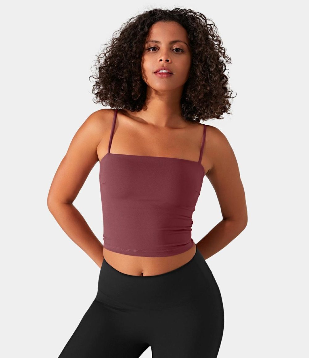 Softlyzero™ Airy Backless Spaghetti Strap Cropped Cool Touch Yoga Tank Top-UPF50+  | Womens  Cropped Tops Clothing Cordovan/Angel Falls/Green Foliage