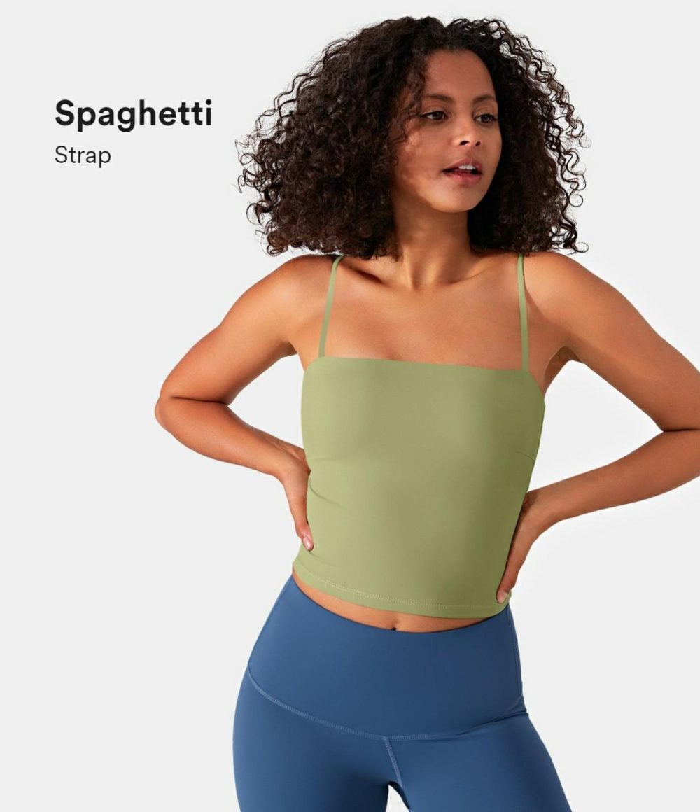 Softlyzero™ Airy Backless Spaghetti Strap Cropped Cool Touch Yoga Tank Top-UPF50+  | Womens  Cropped Tops Clothing Cordovan/Angel Falls/Green Foliage