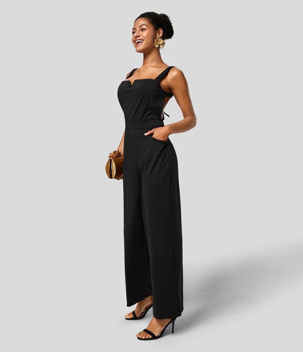 Softlyzero™ Airy Backless Tie Back Side Pocket Cool Touch Bridesmaid and Wedding Guest Jumpsuit-UPF50+  | Womens  Dressey Jumpsuits Clothing Dressey Jumpsuits