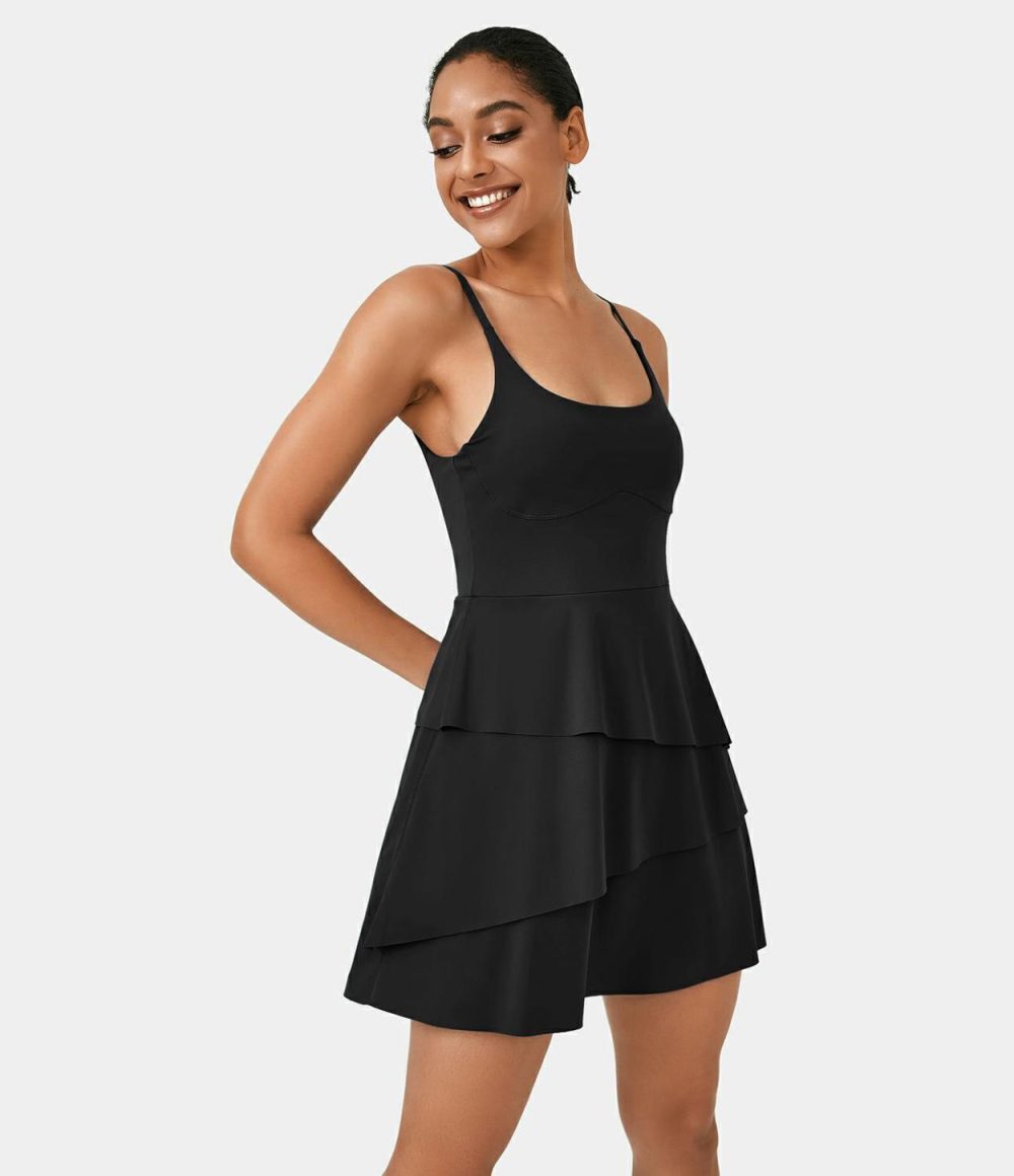 Softlyzero™ Airy Backless Tiered Ruffle 2-in-1 Pocket Cool Touch Mini Slip Dance Active Dress-UPF50+  | Womens  Active Dresses Active Dresses Active Dresses