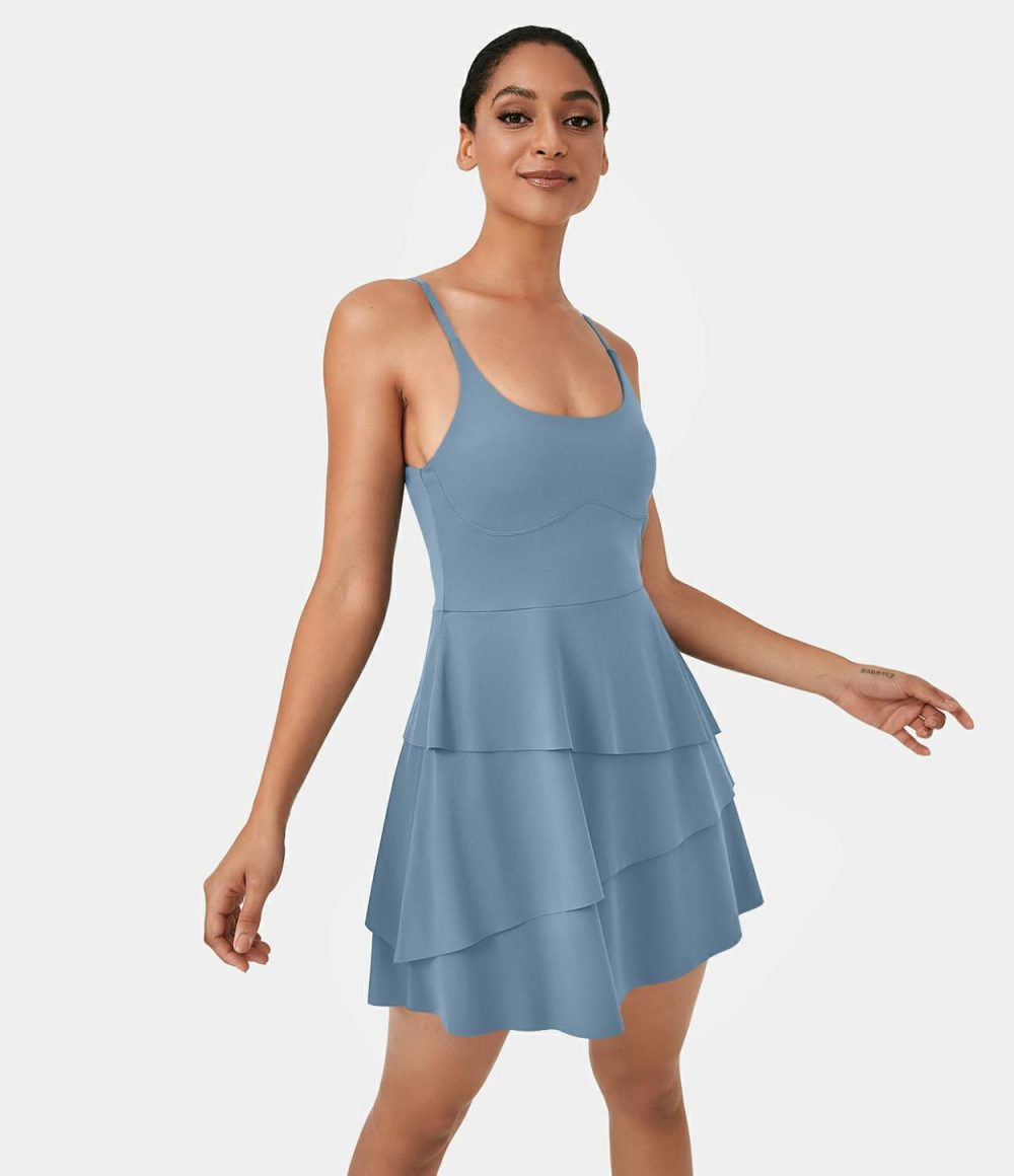 Softlyzero™ Airy Backless Tiered Ruffle 2-in-1 Pocket Cool Touch Mini Slip Dance Active Dress-UPF50+  | Womens  Active Dresses Active Dresses Active Dresses